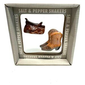 Vtg 1991 Five and Dime Ceramic Western Boot, Saddle Salt and Pepper Shakers NEW